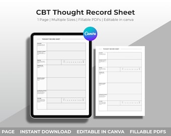 CBT Thought Record Sheet | Printable + Customizable Worksheet | Anxiety + Negative Thoughts Help | Mindfulness, Self-Care Digital Download