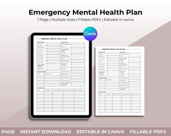 Emergency Mental Health Plan | Printable + Customizable Worksheet | Crisis + Safety Planning Tool | Mindfulness, Self-Care Digital Download