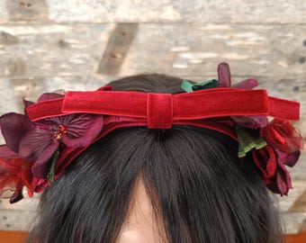 Wine Hydrangea Flower Crown Crown Bow Red Flower Crown Wedding Bespoke Velvet Hats 1950s Style Red Velvet Headpiece