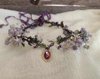 Coroa Élfica Lavanda da Floresta, Coroa de Fada Azul da Floresta, Tiara de Casamento de Bruxa, Tiara de Fada da Floresta, Tiara de Flor Élfica