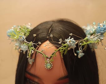 Coroa Élfica Azul Claro da Floresta, Coroa de Fada Azul da Floresta, Tiara de Casamento de Bruxa, Tiara de Fada da Floresta, Coroa de Flores Élfica, Tiara de Elfo