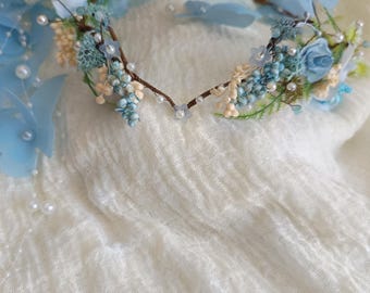 Butterfly Blue Light Elven Crown Blue Pearl headpiece Crown Cascade butterfly bridal crown