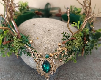 Woodland Crown Gold &Green Elven Crown Antler Elvish Crown Forest Elf Circlet Fairy Crown  Witch Wreath Elven  Moss Hairpiece Druid Tiara