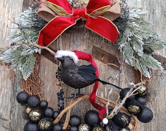Gothic Black Christmas Wreath Raven Gothic  Christmas Gift Wreath Santa Crow Wreath Gothmas Wreath Witchy Wreath Gothic Christmas Home Decor