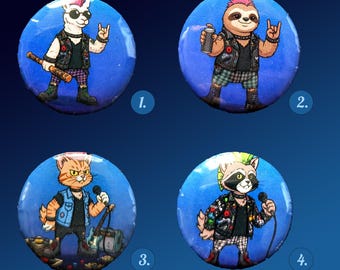 Punk Animal Buttons, Llama, Sloth, Raccoon, Cat Pins, Alternative Badge Set