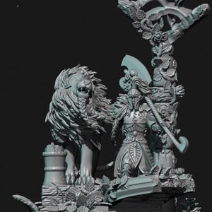 May include: A light gray 3D printed miniature figurine featuring a roaring lion with a braided mane standing beside a warrior in ornate armor. The warrior holds a large polearm, and the base is decorated with detailed foliage and stone textures.