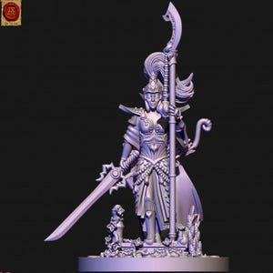 May include: A light purple 3D rendered miniature figurine of a warrior with pointed ears, wearing ornate armour and a tall helmet. The figure holds a long, curved polearm in one hand and a sharp, jagged sword in the other, standing on a base.