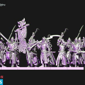 Peut inclure: Un groupe de figurines de guerriers fantastiques violet clair alignées sur une base rectangulaire. Les personnages portent des armures ornées et des casques pointus, l'un tenant une haute bannière avec un emblème de crâne et d'autres des lames courbes.