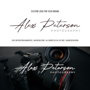 May include: A professional photography logo design featuring the name "Alex Peterson Photography" in a stylish script font. The image includes a camera and lens, with text stating "Custom Logo For Your Brand" and guarantees like "100% Satisfaction Guaranteed".