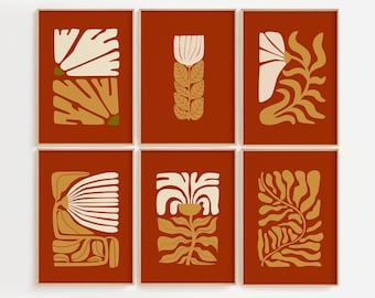 Terrakotta väggkonst set med 6, bohemiska abstrakta blomtryck, bränd orange botanisk tavelvägg, modern inredning i mitten av århundradet
