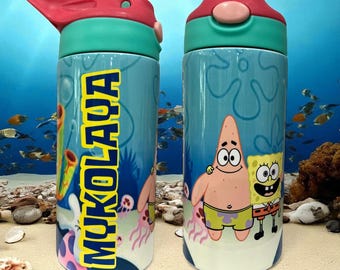 Bob Esponja personalizado, vaso para niños, botella de agua con tapa abatible, vaso para niños de 12 oz
