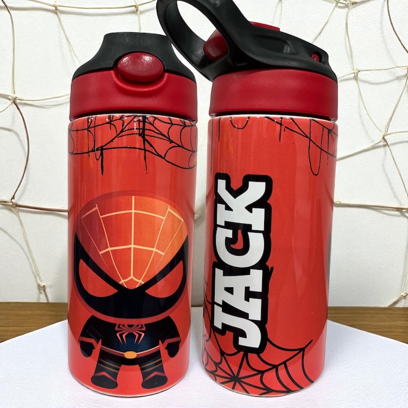 Vaso infantil personalizado de Spider-Man: botella de agua con tapa abatible de 355 ml imagen 6