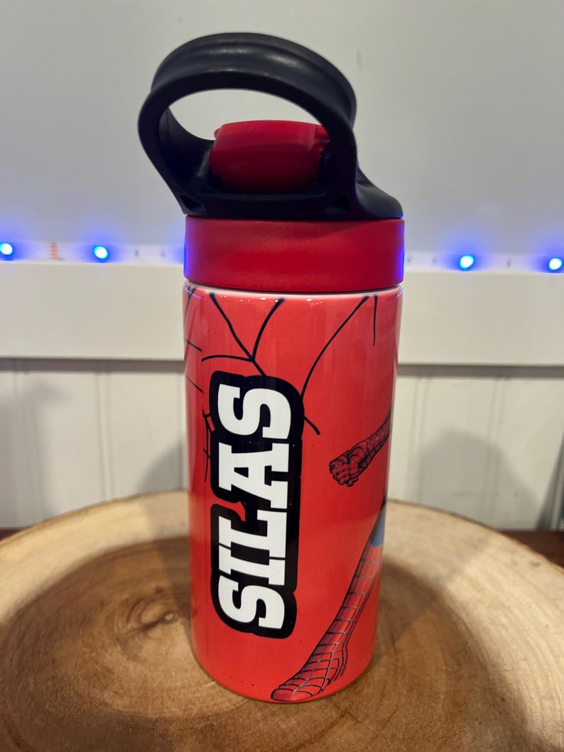 Vaso infantil personalizado de Spider-Man: botella de agua con tapa abatible de 355 ml imagen 4