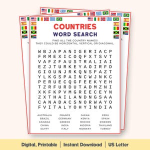 Countries Word Search Game, International Travel Puzzle, Geography Search Challenge, Educational Printable, Kids Learning Activity