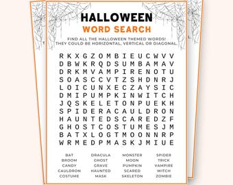 May include: Halloween-themed word search puzzle with a spider web design in the corners. The puzzle includes words like "zombie," "vampire," and "witch." The bottom of the page says "Digital, Printable | Instant Download | US Letter."