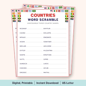 Countries Word Scramble Game, World Geography Puzzle, Country Names Challenge, Educational Travel Activity, Kids Learning Game