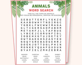 Animal Word Search Game, Safari Adventure Puzzle, Zoo Animals Activity, Educational Printable, Kids Learning Game