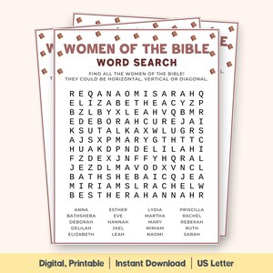 May include: A stack of printable word search puzzles titled "Women of the Bible." The puzzles feature a grid of letters with hidden words and a list of names to find. The bottom of the page reads "Digital, Printable | Instant Download | US Letter."