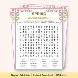 Spring Word Search Puzzle, Seasonal Activity Game, Spring Theme Word Find, Educational Printable, Kids Learning Fun