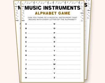 Juego del alfabeto de instrumentos musicales, juego de música de la A a la Z, desafío del abecedario de instrumentos, actividad divertida para el aula, imprimible musical para niños