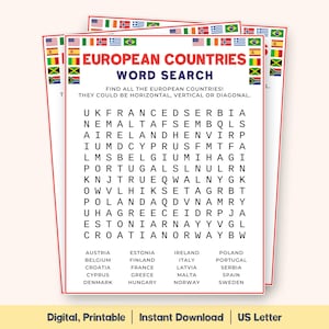 Recherche de mots sur les pays européens, jeu d&#39;apprentissage de la géographie, activité éducative sur les voyages, casse-tête pour trouver un pays, jeu pour enfants et famille