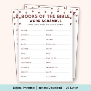 May include: Three printable word scramble sheets with the text "BOOKS OF THE BIBLE WORD SCRAMBLE". The sheets have a light brown background with a decorative border of small brown squares. The bottom of the sheets read "Digital, Printable | Instant Download | US Letter".