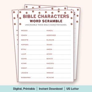 May include: A stack of printable Bible character word scramble puzzles. Each page features a title, instructions, and a list of scrambled names to unscramble. The design includes decorative elements and the text "Digital, Printable | Instant Download | US Letter."