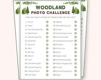 Desafío fotográfico en el bosque, juego de búsqueda del tesoro en la naturaleza, actividad al aire libre para niños, aventura en el bosque imprimible, diversión familiar