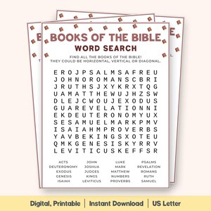 May include: A printable word search puzzle titled "Books of the Bible." The puzzle features a grid of letters with hidden book titles. The bottom of the page lists the books to find. The words "Digital, Printable, Instant Download, US Letter" are also visible.