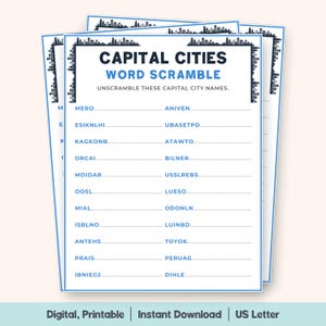 Mots brouillés dans les capitales, Jeu de géographie du monde, Défi des noms de ville, Voyage éducatif à imprimer, Activité d&#39;apprentissage de la géographie