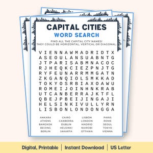 Recherche de mots dans les capitales, Jeu de géographie du monde, Casse-tête Recherche de ville, Voyage éducatif à imprimer, Activité d&#39;apprentissage de la géographie