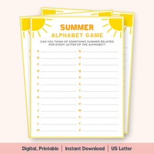 Puede incluir: Tres hojas imprimibles del juego del alfabeto de verano. Cada hoja tiene un borde amarillo y un gráfico de sol. El texto dice "SUMMER ALPHABET GAME" y pide a los jugadores que piensen en palabras relacionadas con el verano para cada letra del alfabeto. La parte inferior de la hoja dice "Digital, Printable | Instant Download | US Letter".