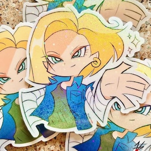 May include: A set of four holographic stickers featuring a cartoon character with blonde hair, blue eyes, and a blue denim jacket. The character is wearing a green shirt and has a sparkly design.