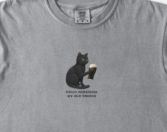 hello darkness my old friend tshirt, comfort colors Cute Black Cat and Beer Retro Winter Pub T-Shirt Autumn Cat tee