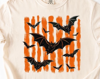 Retro Halloween Bat Shirt, Orange Stripe Bat Graphic Tee, Vintage Spooky Season comfort colors T-Shirt