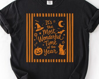 Most Wonderful Time of the Year Halloween Shirt, Retro Striped Witch Cat Tee, Comfort Colors Spooky Season Graphic T-Shirt