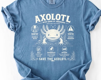 Könnte beinhalten: Ein blaues T-Shirt mit einer detaillierten Illustration eines Axolotls und dem Wort "AXOLOTL" darüber. Das Design enthält Informationen über den Lebensraum, den Status und die Merkmale des Axolotls, mit dem Text "SAVE THE AXOLOTL" unten.