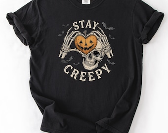 Stay Creepy Halloween Shirt, Skull Pumpkin Graphic Tee, Spooky Season Comfort Colors Shirt, Cute Creepy Fall T-Shirt