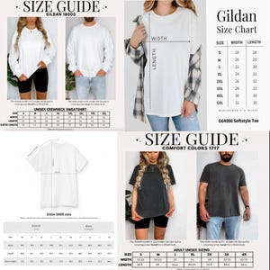 Puede incluir: Un gr&aacute;fico de gu&iacute;a de tallas para prendas Gildan, que incluye sudaderas unisex, camisetas G64000 Softstyle y Comfort Colors 1717. La gu&iacute;a proporciona medidas en cm para varias tallas, con modelos.