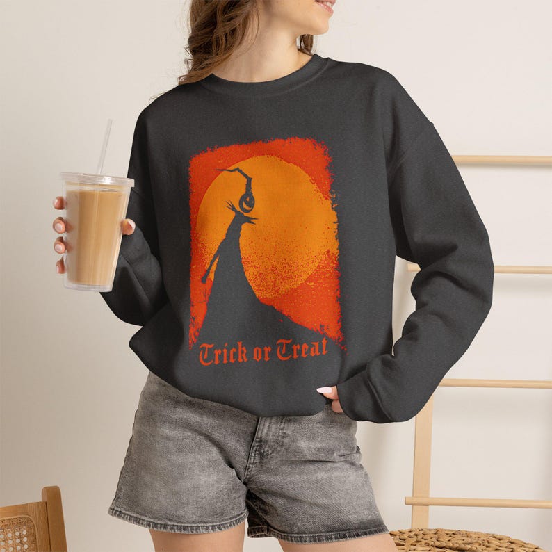 Retro Nightmare before Christmas style Halloween Sweatshirt, Jack Skellington inspired Trick or Treat graphic spooky season shirt Dark Heather