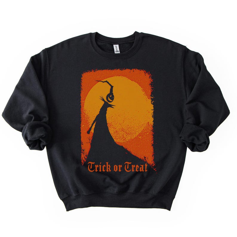 Retro Nightmare before Christmas style Halloween Sweatshirt, Jack Skellington inspired Trick or Treat graphic spooky season shirt Black