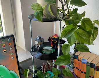 May include: A three-tiered black vinyl record shelf with a potted plant on top. The plant has green and yellow leaves. Small decorative items are on the shelves. The shelf is on a wooden surface near a computer monitor.