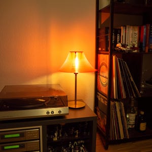 Op de afbeelding: Een warm verlichte kamer met een platenspeler, stereo-onderdelen en een lamp. Een plank toont vinylplaten en boeken. Kleine beeldjes zijn zichtbaar in een kast eronder.