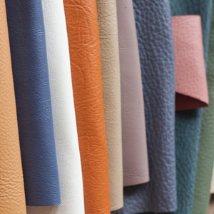 May include: A collection of colorful leather swatches in various shades, including tan, blue, white, orange, pink, and green. The leather has a textured surface, and the swatches are arranged vertically, showcasing the different colors and textures.