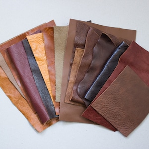 May include: A collection of leather swatches in various shades of brown, tan, and reddish-brown. The pieces are arranged in a fan shape, showcasing different textures and finishes, ideal for crafting and design projects.