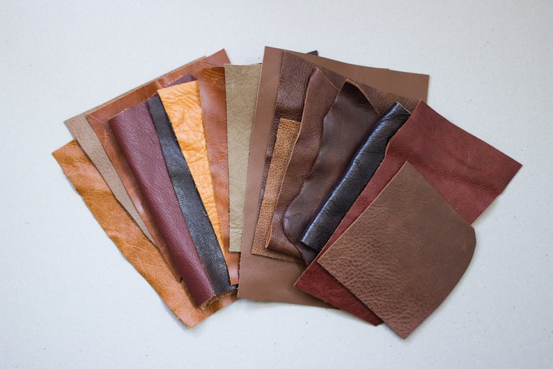 May include: A collection of leather swatches in various shades of brown, tan, and reddish-brown. The pieces are arranged in a fan shape, showcasing different textures and finishes, ideal for crafting and design projects.