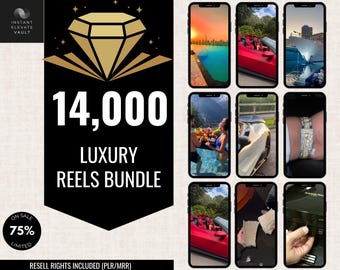 May include: A promotional graphic with the text "14,000 LUXURY REELS BUNDLE" in white on a black background, with a diamond graphic. The image includes several smartphone screens displaying luxury lifestyle content. The text "ON SALE 75% LIMITED" is also present.