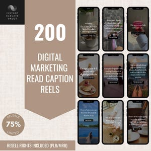 Puede incluir: Un producto de marketing digital con un fondo marrón y un texto blanco superpuesto. El texto dice "200 Reels de marketing digital con subtítulos para leer" y "En venta 75% Limitado". El producto se ofrece con derechos de reventa. La imagen también incluye nueve maquetas de pantalla de teléfono con varios consejos de marketing digital.