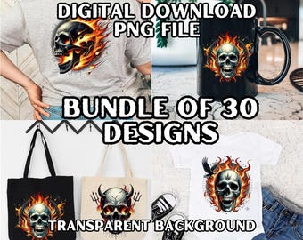 Flame Skull PNG Bundle | 30 Gothic Fire Clipart Designs (Digital Download)