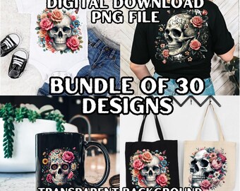 Puede incluir: Un paquete de 30 diseños de descarga digital con gráficos de calaveras de azúcar. Los diseños están sobre un fondo transparente y se pueden utilizar para varios proyectos de manualidades, como camisetas, tazas, bolsas de mano y más.